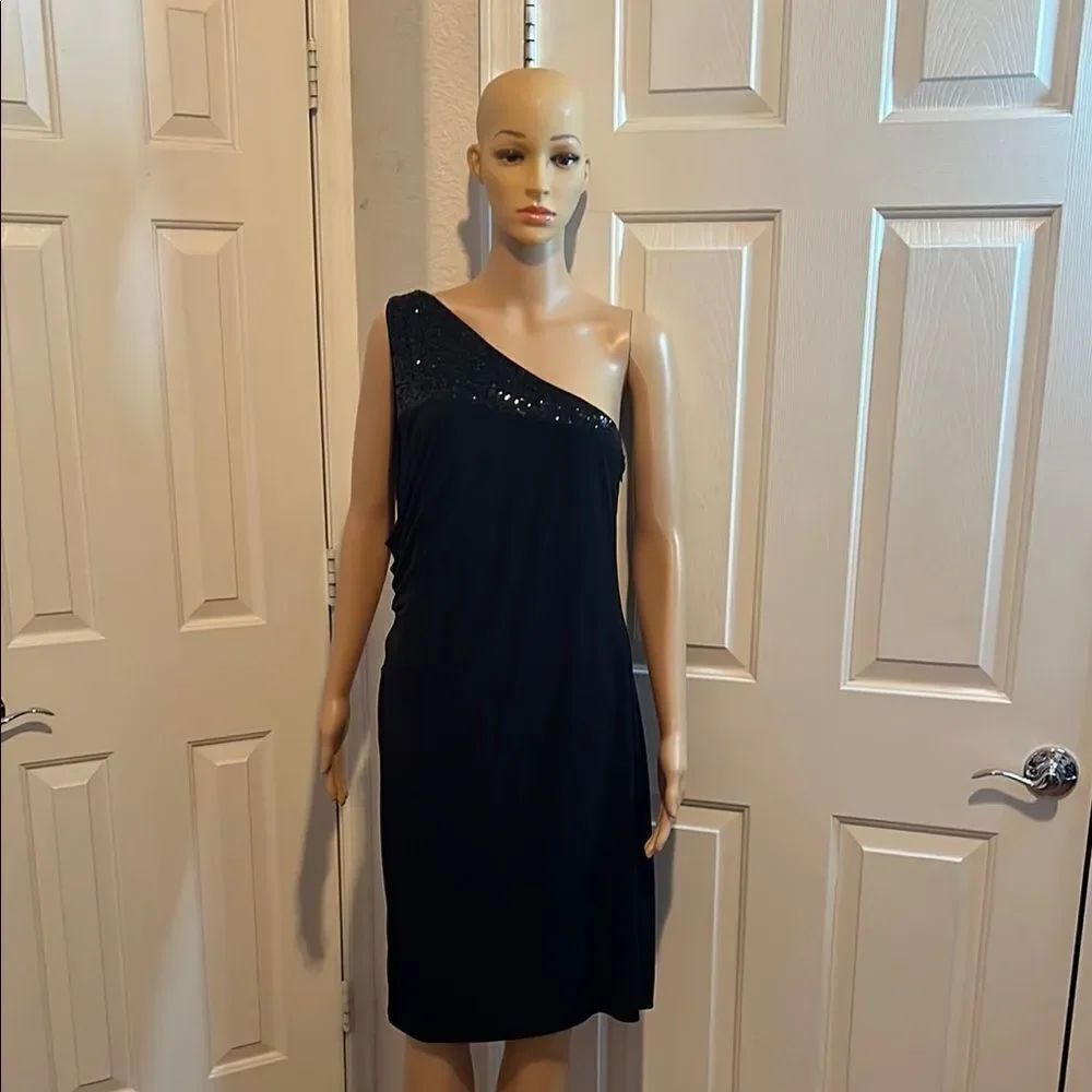 Calvin Klein Black Asymmetrical One-Shoulder Sequins Cocktail Dress Sz 12 Midi